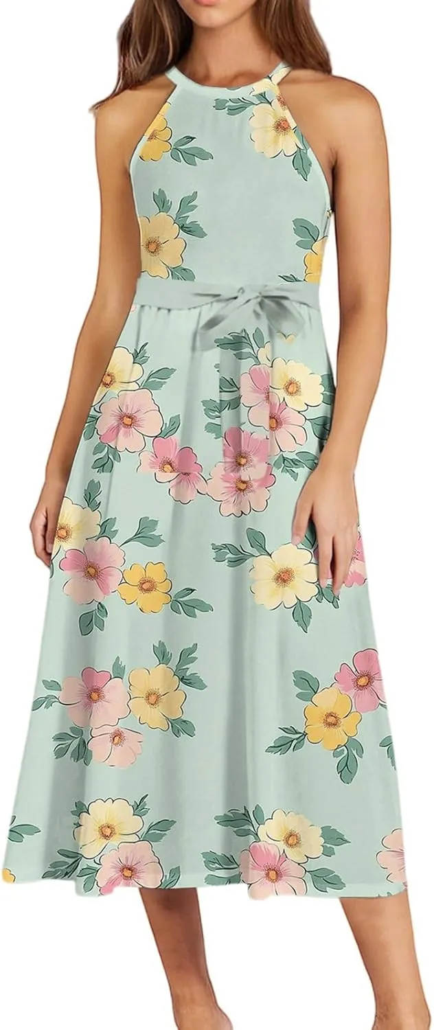 Summer Midi Halter Floral Dresses for Women 2025 Vacation Tie Empire Waist Sleeveless Frocks Flowy A Line Sundress