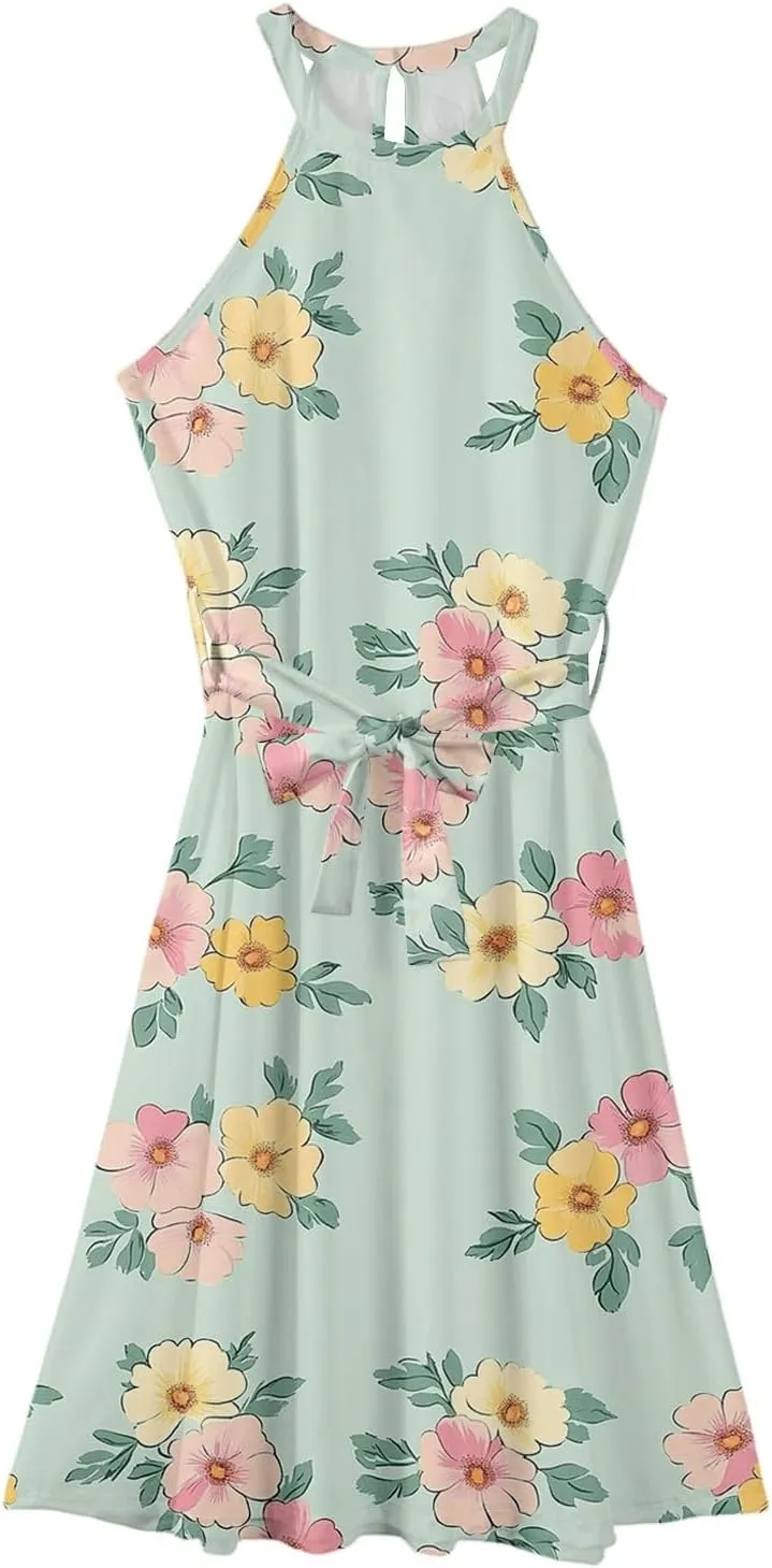 Summer Midi Halter Floral Dresses for Women 2025 Vacation Tie Empire Waist Sleeveless Frocks Flowy A Line Sundress