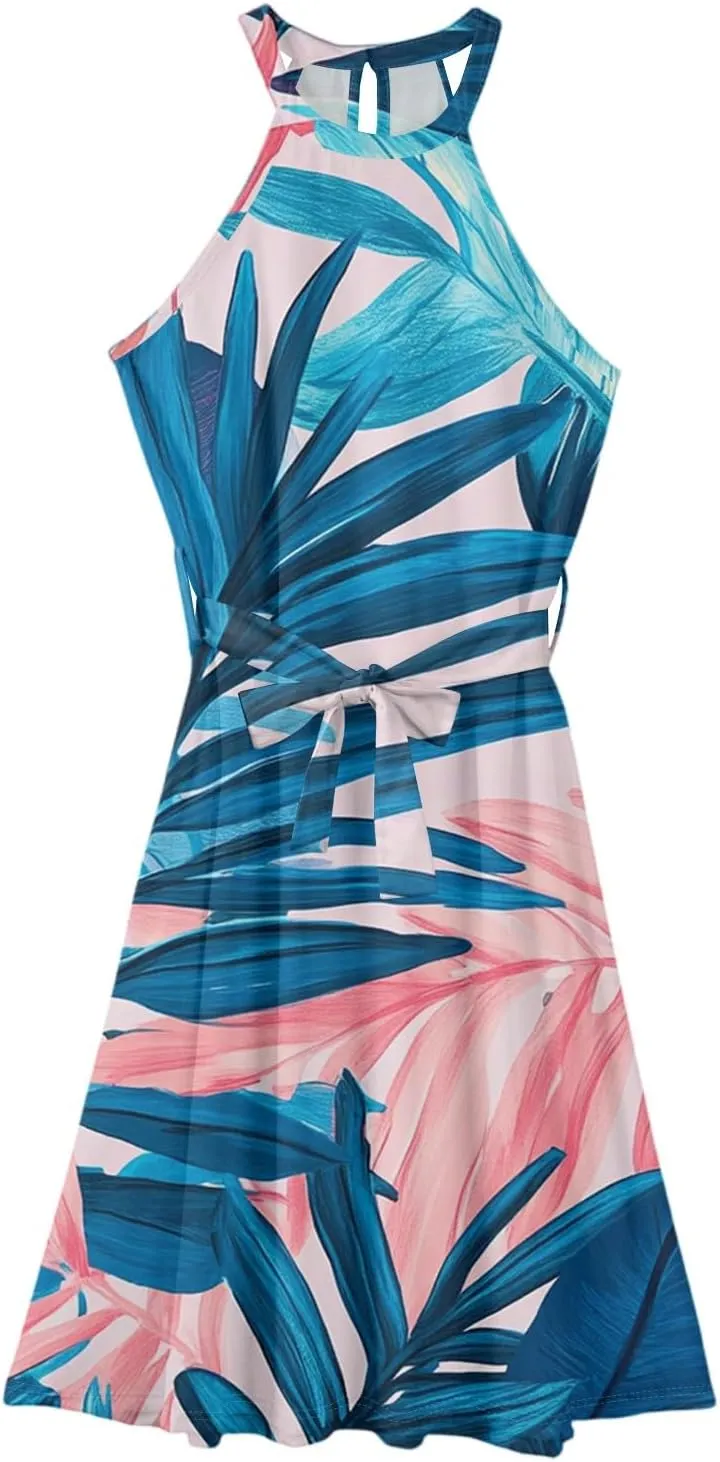 Summer Midi Halter Floral Dresses for Women 2025 Vacation Tie Empire Waist Sleeveless Frocks Flowy A Line Sundress