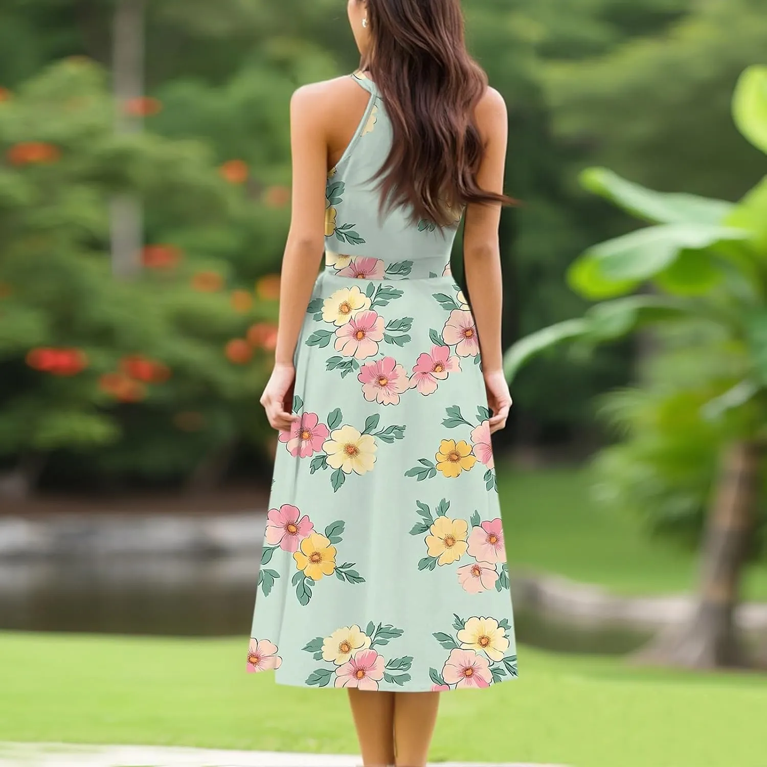 Summer Midi Halter Floral Dresses for Women 2025 Vacation Tie Empire Waist Sleeveless Frocks Flowy A Line Sundress