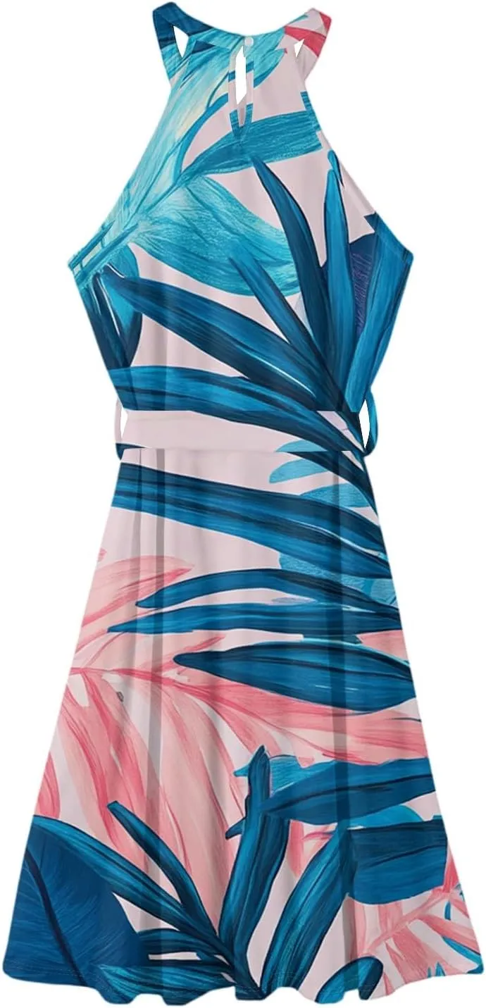Summer Midi Halter Floral Dresses for Women 2025 Vacation Tie Empire Waist Sleeveless Frocks Flowy A Line Sundress