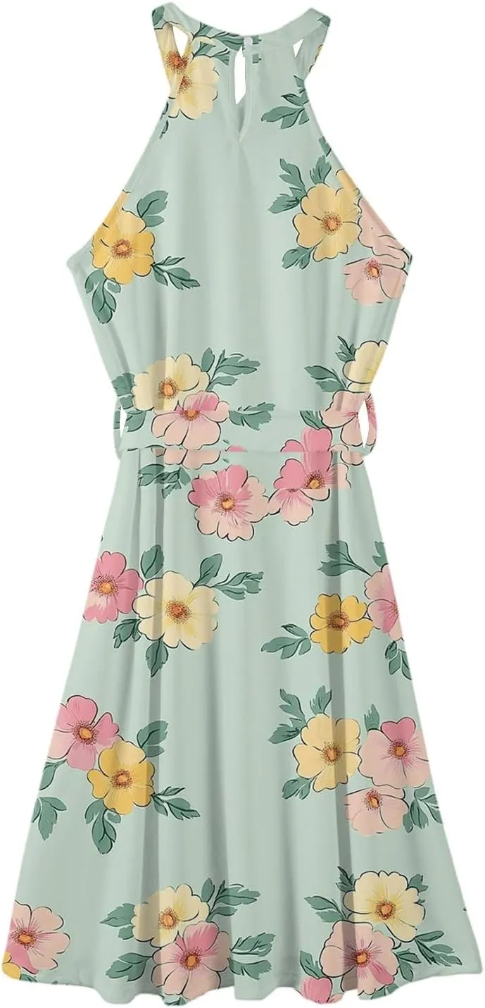 Summer Midi Halter Floral Dresses for Women 2025 Vacation Tie Empire Waist Sleeveless Frocks Flowy A Line Sundress