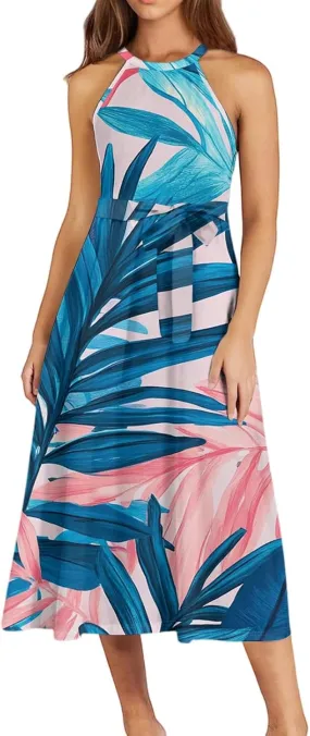 Summer Midi Halter Floral Dresses for Women 2025 Vacation Tie Empire Waist Sleeveless Frocks Flowy A Line Sundress