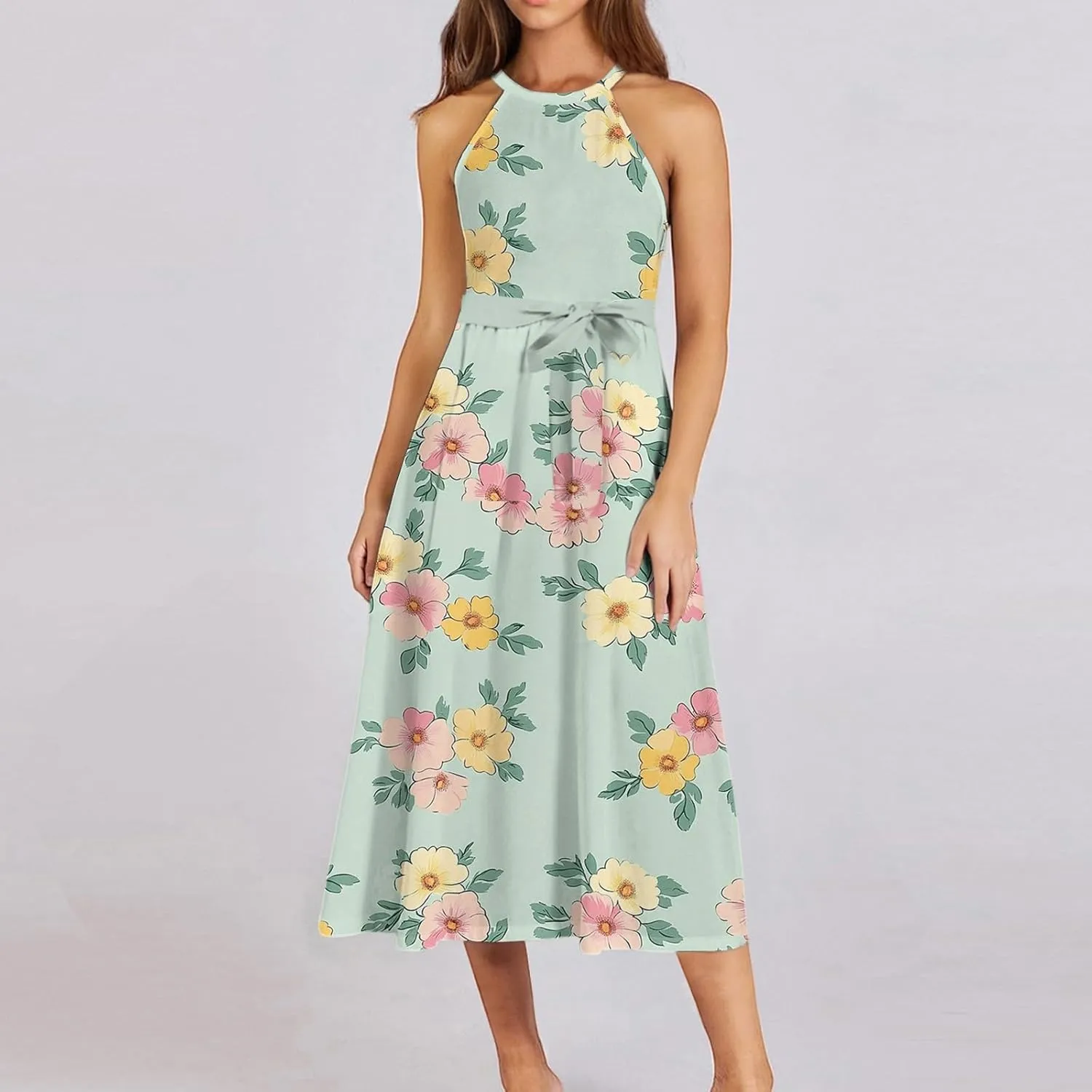 Summer Midi Halter Floral Dresses for Women 2025 Vacation Tie Empire Waist Sleeveless Frocks Flowy A Line Sundress