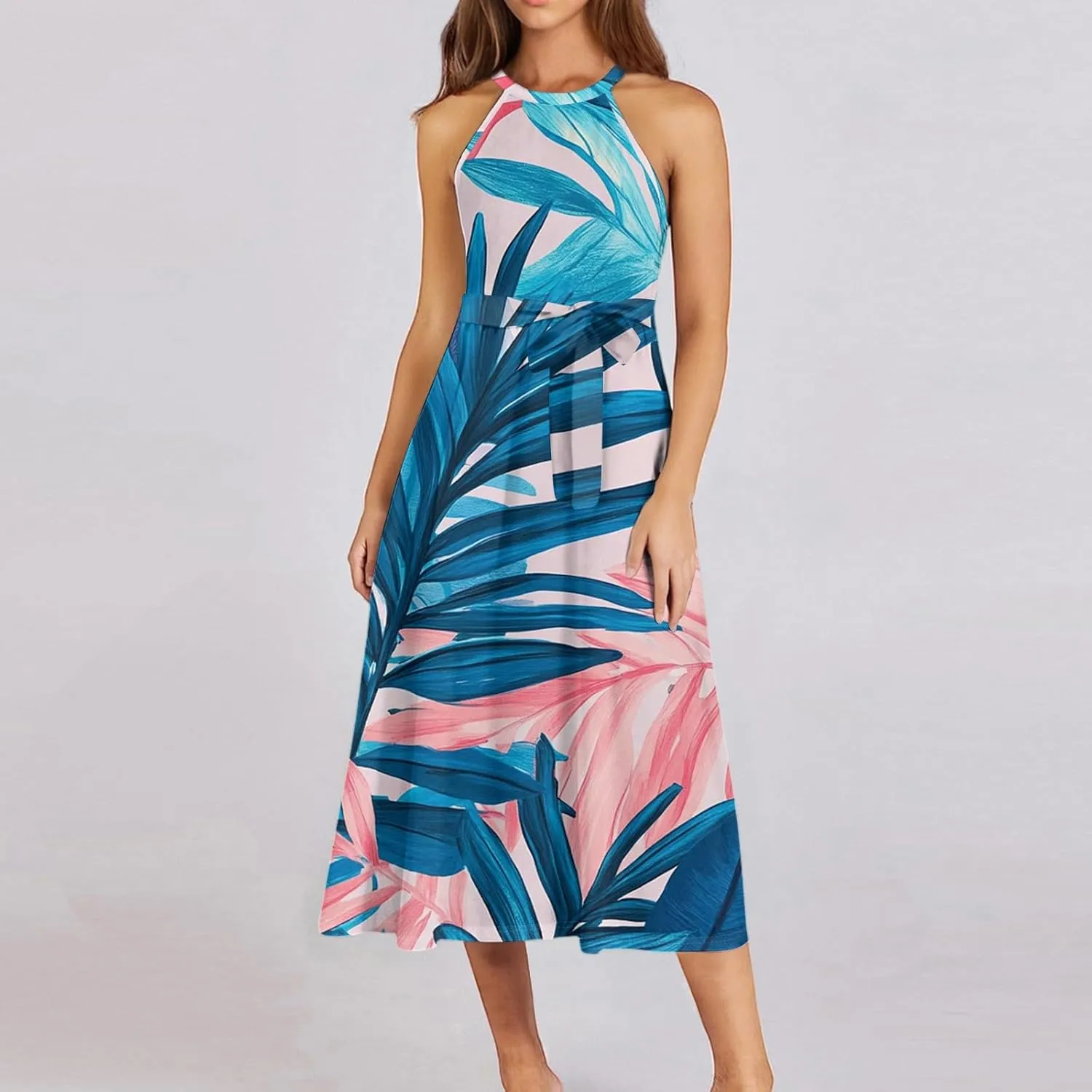 Summer Midi Halter Floral Dresses for Women 2025 Vacation Tie Empire Waist Sleeveless Frocks Flowy A Line Sundress