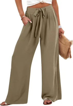 Wide Leg Linen Pants Women High Waisted Drawstring Palazzo Pants with Pockets Casual Flowy Loose Fit Beach Trousers