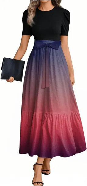 Women 2025 Summer Casual Round Neck Short Sleeve Long Tiered Floral Maxi Flowy Beach Dress