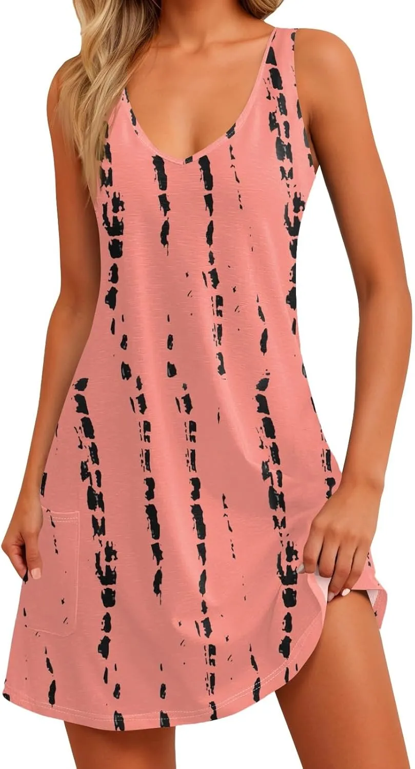 Women Summer Dresses 2025 Vacation Swimsuit Coverup Casual Sleeveless Sundress V Neck Beach Dress with Pocket
