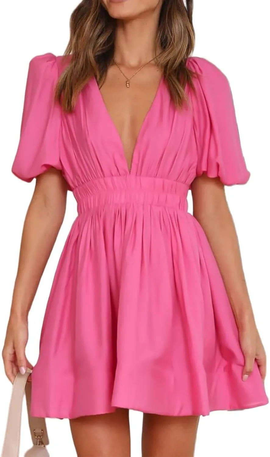 Women Summer Mini Dress Sexy V Neck Puff Short Sleeve A-Line Flowy Swing Dresses Party Dress 2025 Beach Sundress