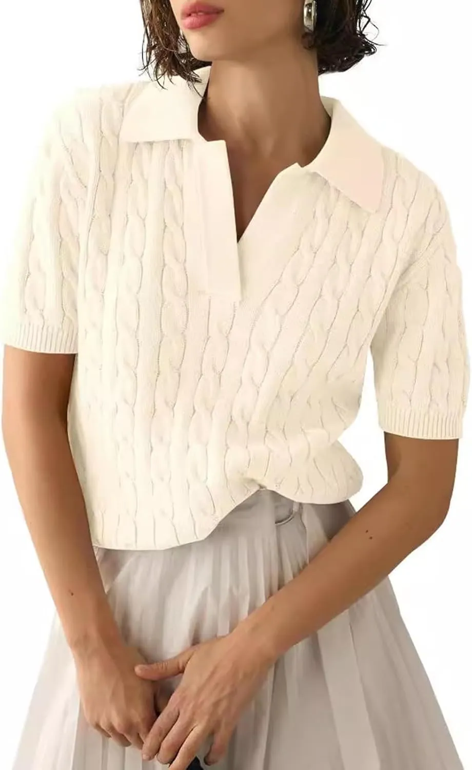 Womens Cable Knit Sweater T-Shirt V Neck Short Sleeve Knit Tops Summer Trendy Pullover Tops Knitwear