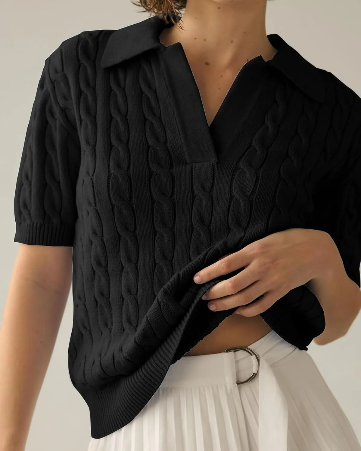 Womens Cable Knit Sweater T-Shirt V Neck Short Sleeve Knit Tops Summer Trendy Pullover Tops Knitwear