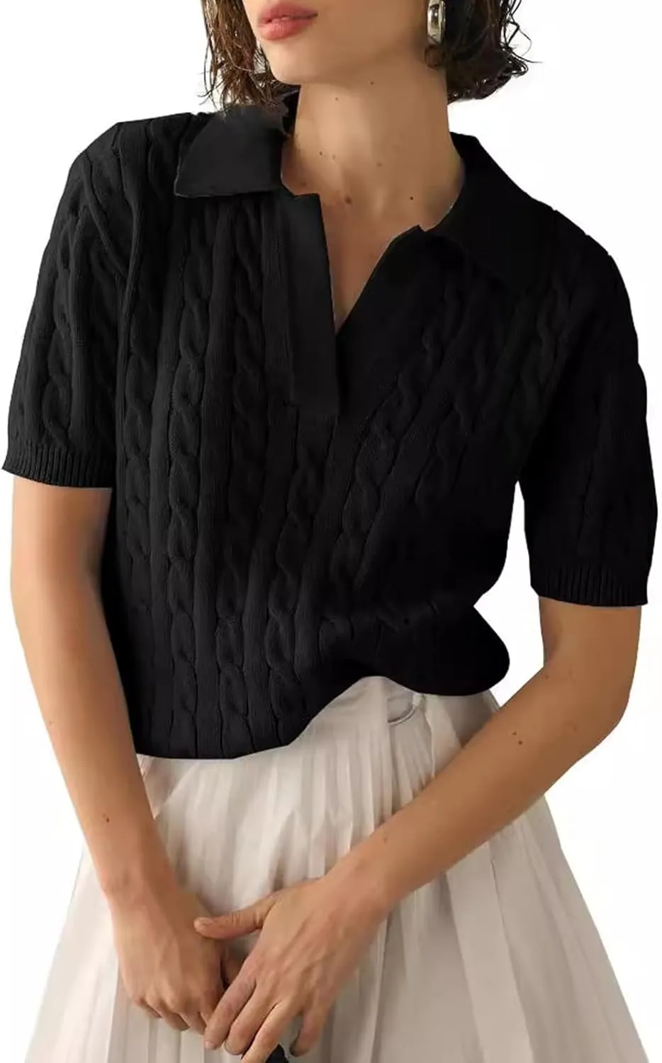 Womens Cable Knit Sweater T-Shirt V Neck Short Sleeve Knit Tops Summer Trendy Pullover Tops Knitwear