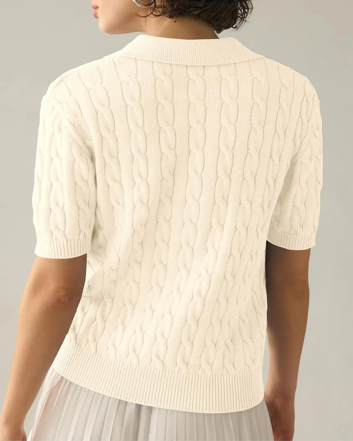Womens Cable Knit Sweater T-Shirt V Neck Short Sleeve Knit Tops Summer Trendy Pullover Tops Knitwear
