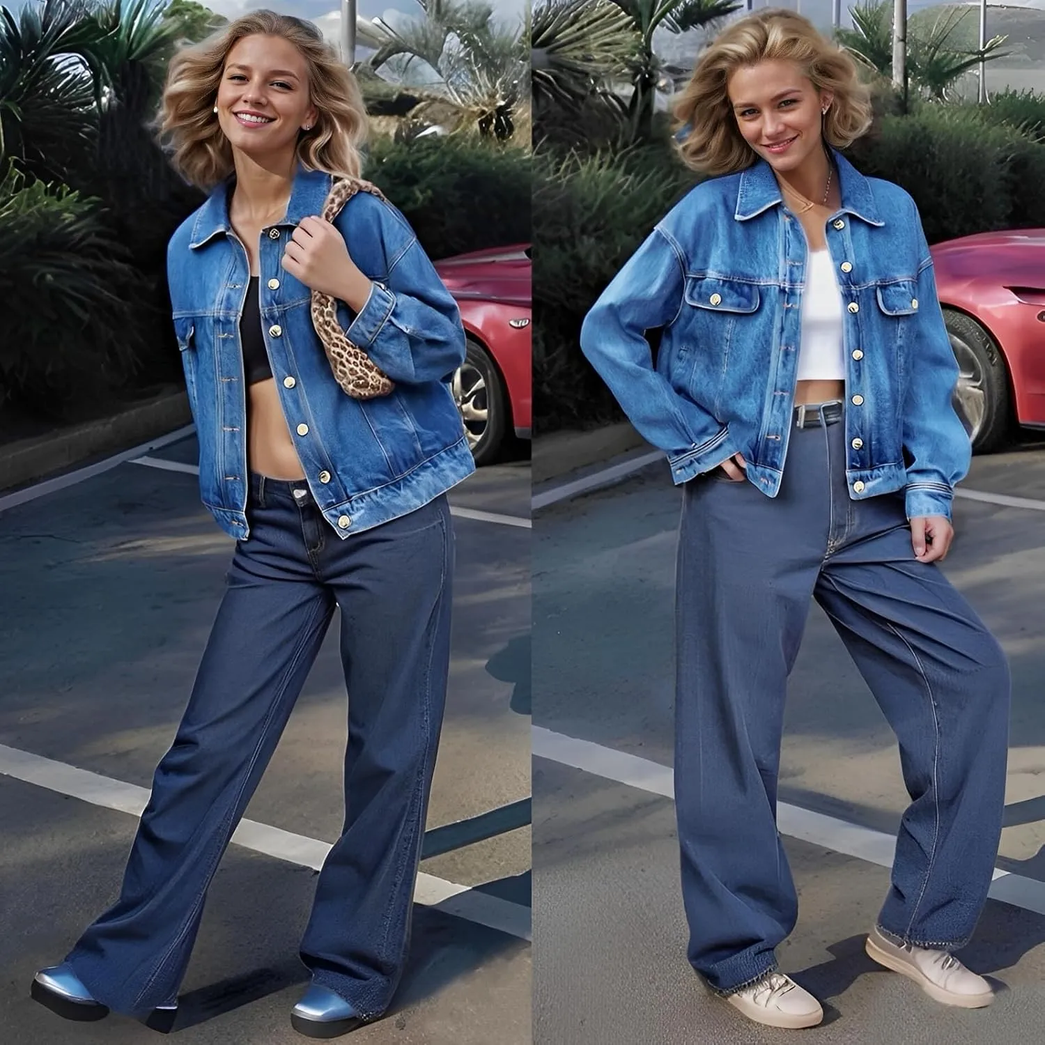 Women's Denim Jackets Vintage Washed Button Up Cropped Oversized Jean Jacket with Pockets