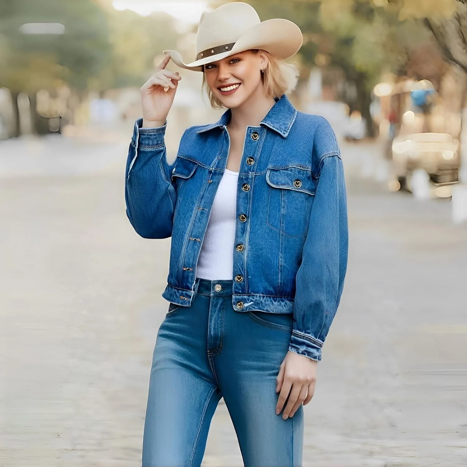 Women's Denim Jackets Vintage Washed Button Up Cropped Oversized Jean Jacket with Pockets