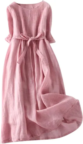 Women's Korean Style Dress Summer 2024 Causal Cotton Linen Lace-Up Tshirt Dress Flowy Short Sleeve A-Line Sundress