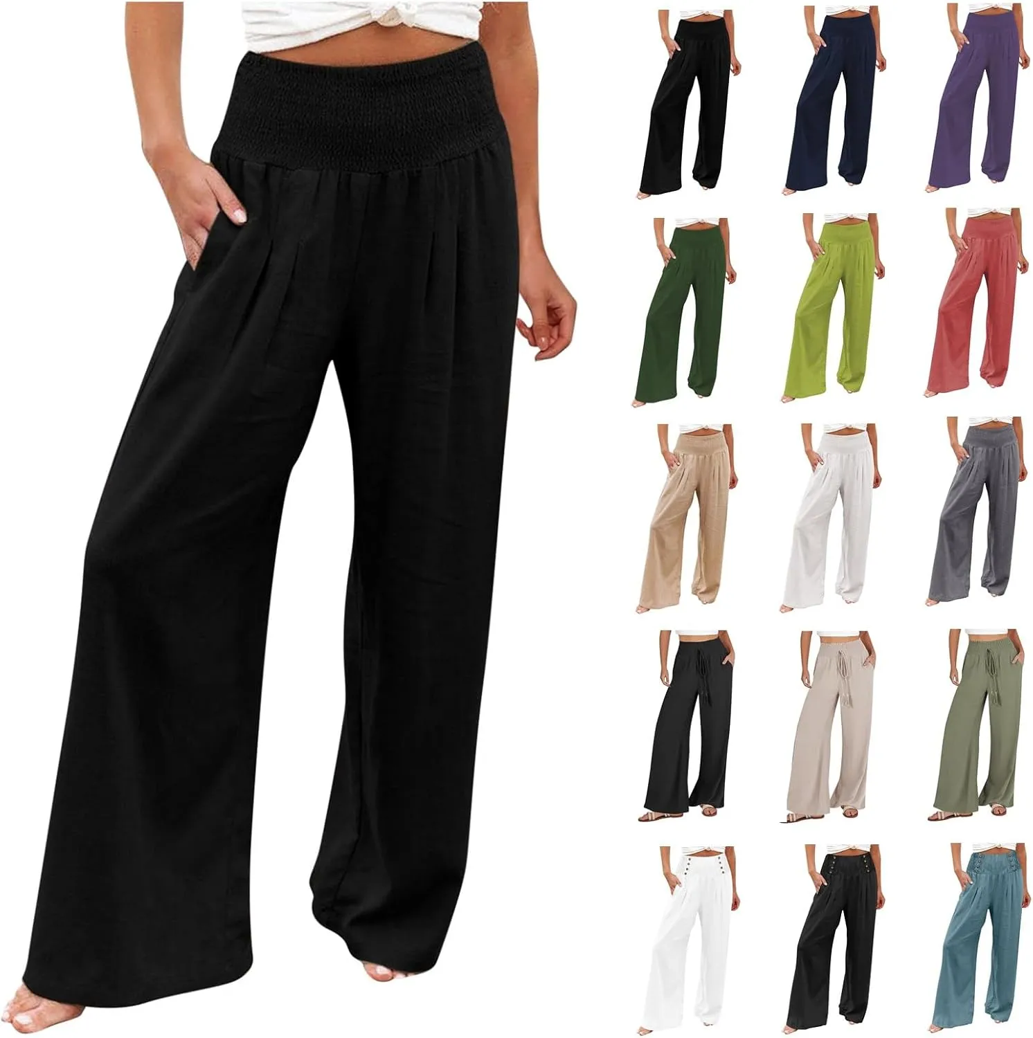 Womens Linen Palazzo Pants Wide Leg Boho Beach Pants High Waisted Flowy Pants Summer Lightweight Plus Size Trousers