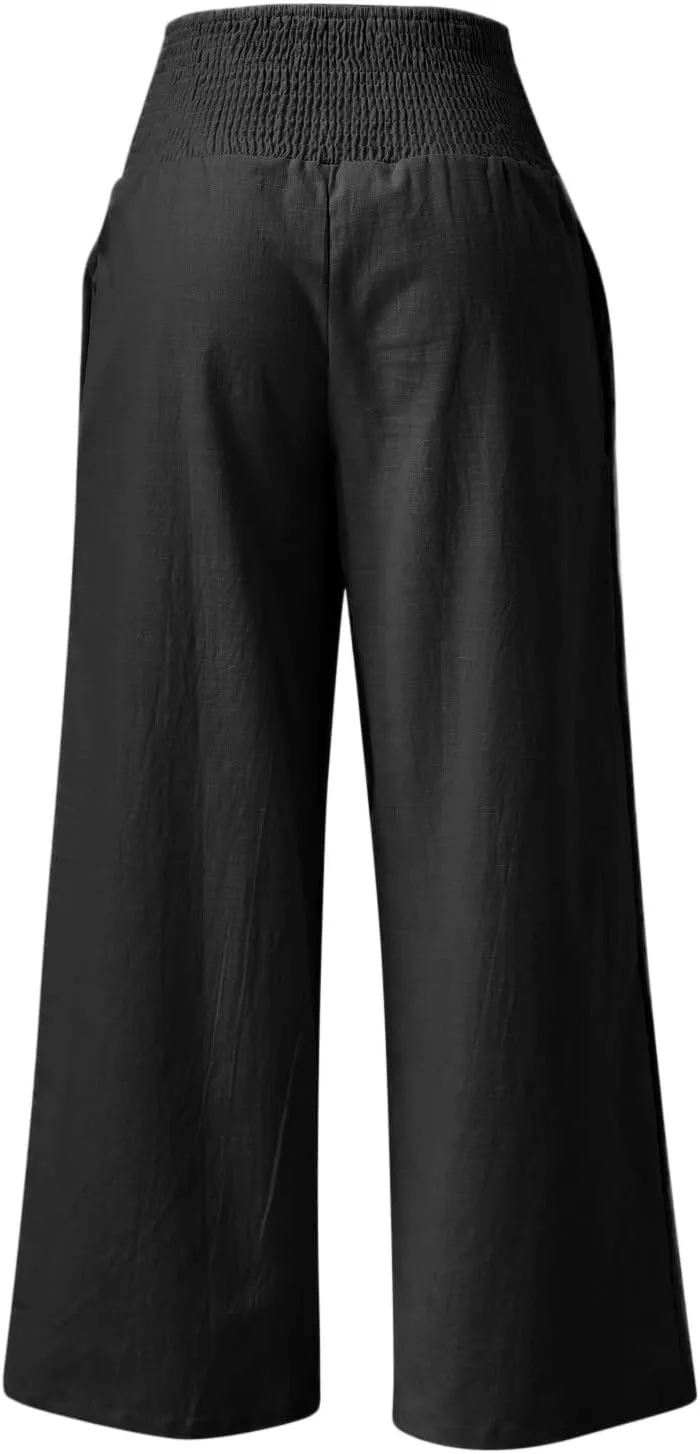 Womens Linen Palazzo Pants Wide Leg Boho Beach Pants High Waisted Flowy Pants Summer Lightweight Plus Size Trousers