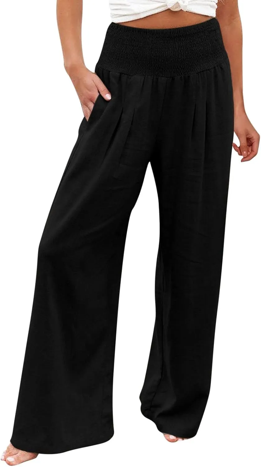 Womens Linen Palazzo Pants Wide Leg Boho Beach Pants High Waisted Flowy Pants Summer Lightweight Plus Size Trousers