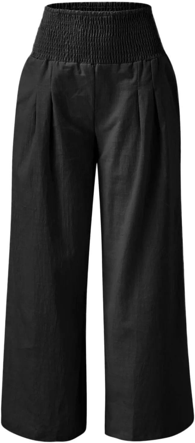 Womens Linen Palazzo Pants Wide Leg Boho Beach Pants High Waisted Flowy Pants Summer Lightweight Plus Size Trousers