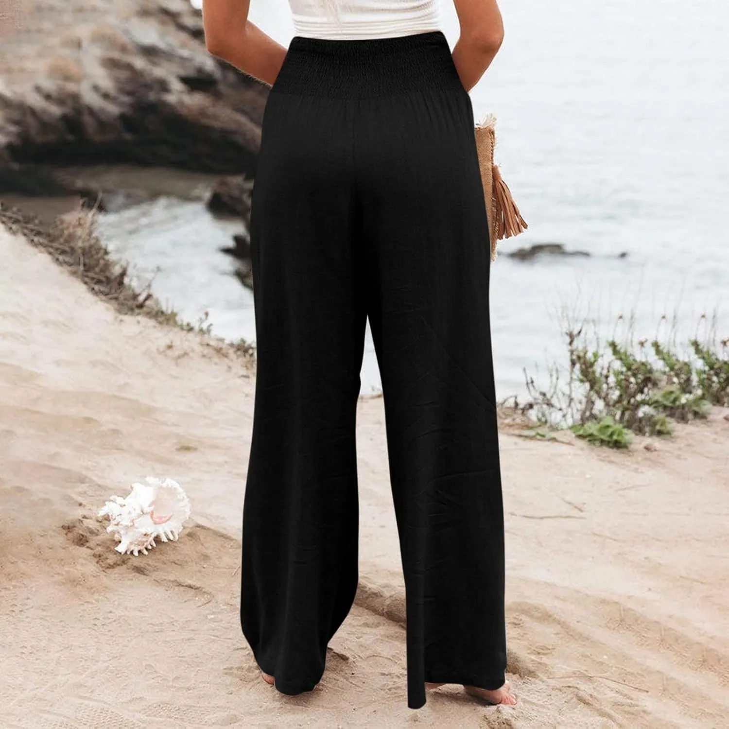 Womens Linen Palazzo Pants Wide Leg Boho Beach Pants High Waisted Flowy Pants Summer Lightweight Plus Size Trousers