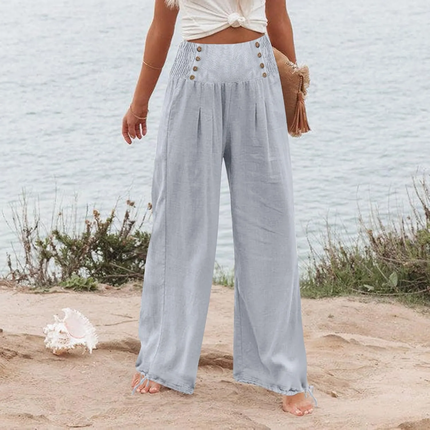 Womens Linen Pants 2025 Summer Casual Wide Leg Palazzo Pants Loose Smocked High Waist Work Slack Flowy Beach Trousers