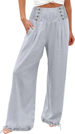 Womens Linen Pants 2025 Summer Casual Wide Leg Palazzo Pants Loose Smocked High Waist Work Slack Flowy Beach Trousers