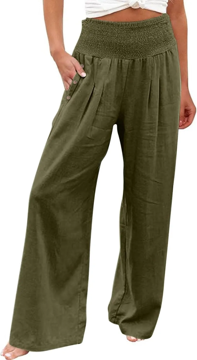 Womens Linen Pants 2025 Summer Casual Wide Leg Palazzo Pants Loose Smocked High Waist Work Slack Flowy Beach Trousers
