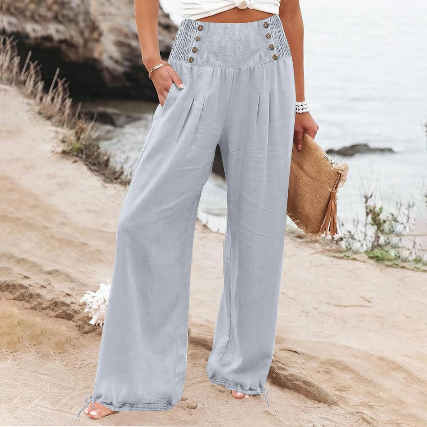 Womens Linen Pants 2025 Summer Casual Wide Leg Palazzo Pants Loose Smocked High Waist Work Slack Flowy Beach Trousers
