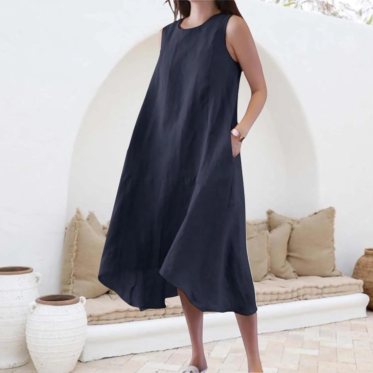 Women's Long Linen Cotton Summer Dresses Plus Size Sleeveless Crew Neck Tank Flowy Maxi Dresses Elegant Casual Dress