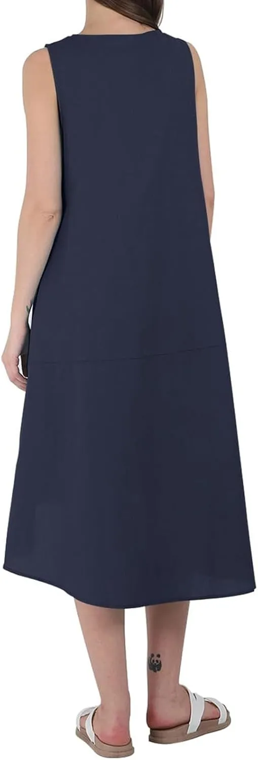 Women's Long Linen Cotton Summer Dresses Plus Size Sleeveless Crew Neck Tank Flowy Maxi Dresses Elegant Casual Dress