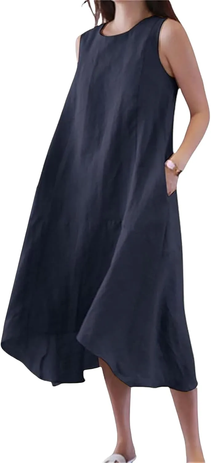 Women's Long Linen Cotton Summer Dresses Plus Size Sleeveless Crew Neck Tank Flowy Maxi Dresses Elegant Casual Dress