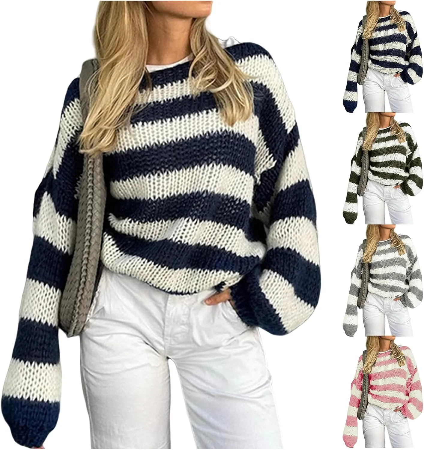 Womens Oversized Sweater Striped Pullover Sweater Crewneck Knit Tops Casual Long Sleeve Sweatshirts Fall Jumpers
