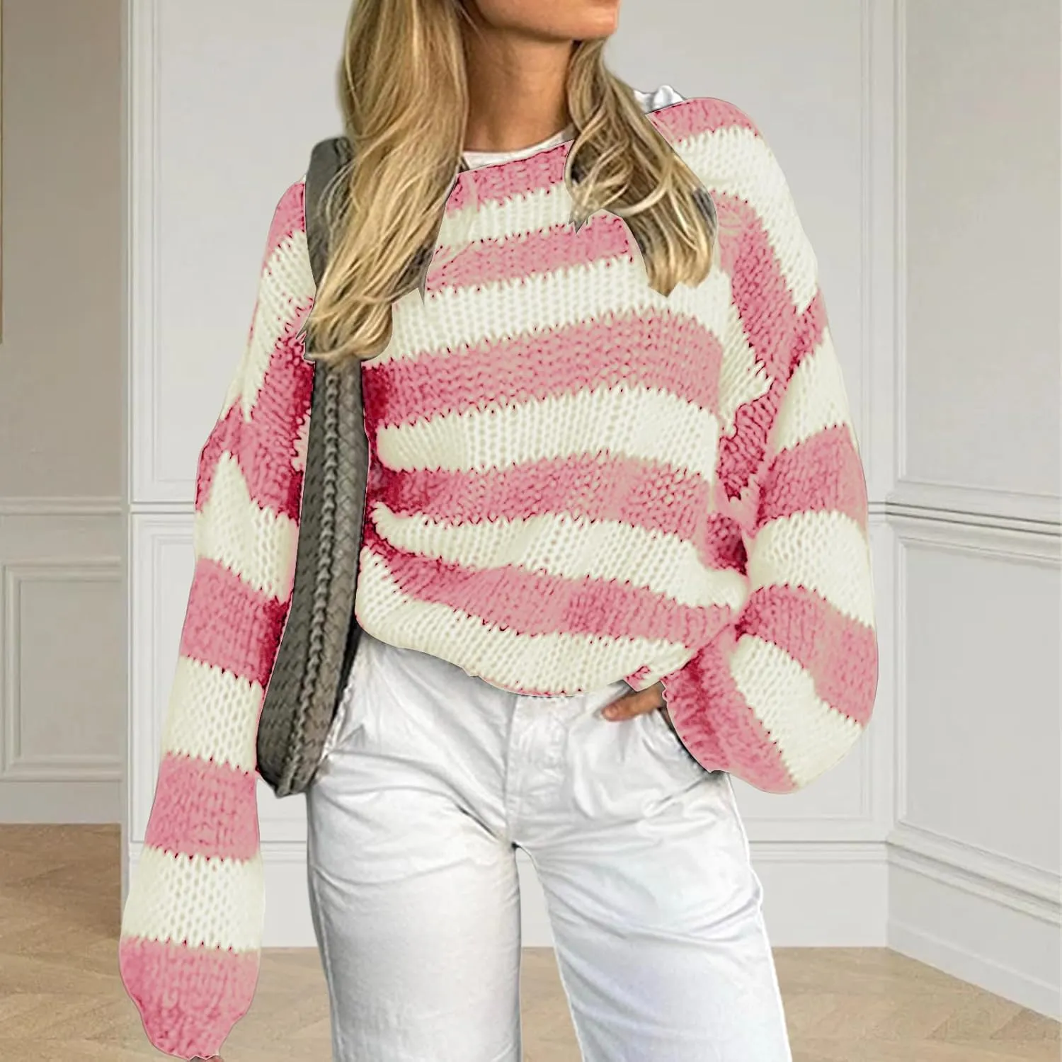 Womens Oversized Sweater Striped Pullover Sweater Crewneck Knit Tops Casual Long Sleeve Sweatshirts Fall Jumpers