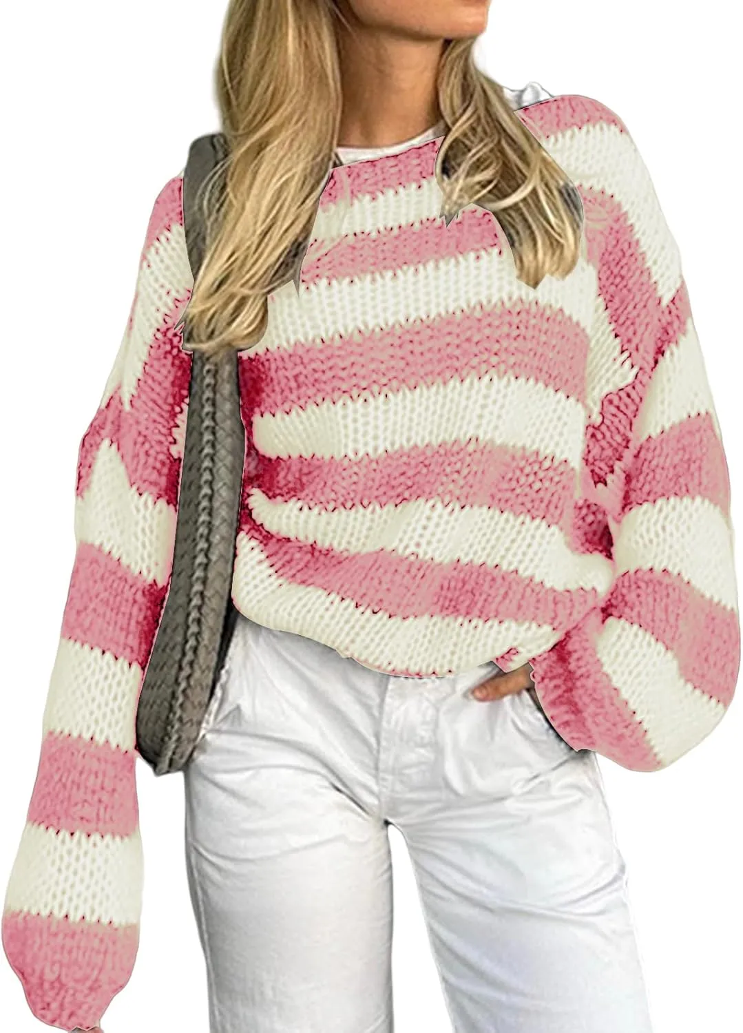 Womens Oversized Sweater Striped Pullover Sweater Crewneck Knit Tops Casual Long Sleeve Sweatshirts Fall Jumpers