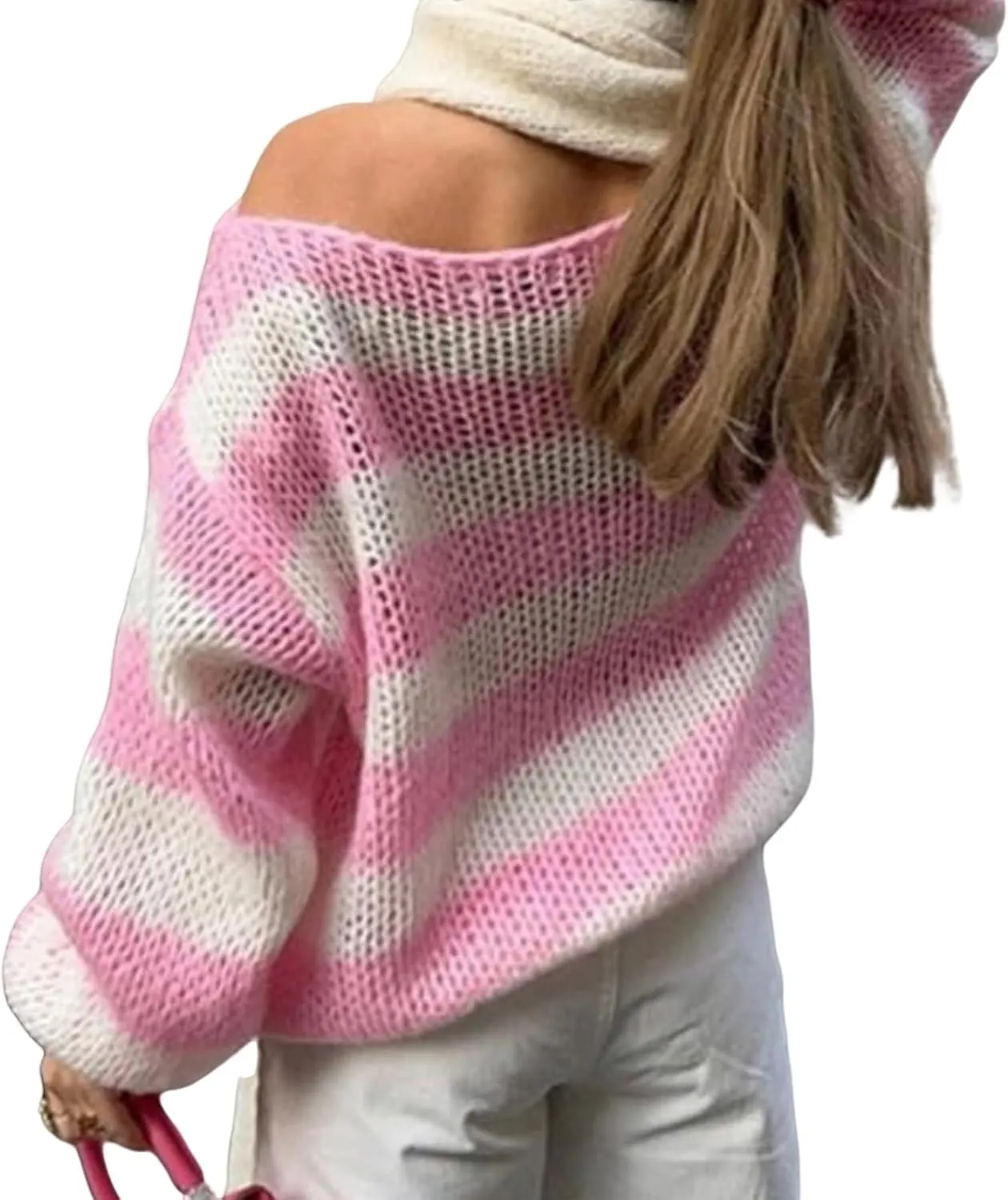 Womens Oversized Sweater Striped Pullover Sweater Crewneck Knit Tops Casual Long Sleeve Sweatshirts Fall Jumpers