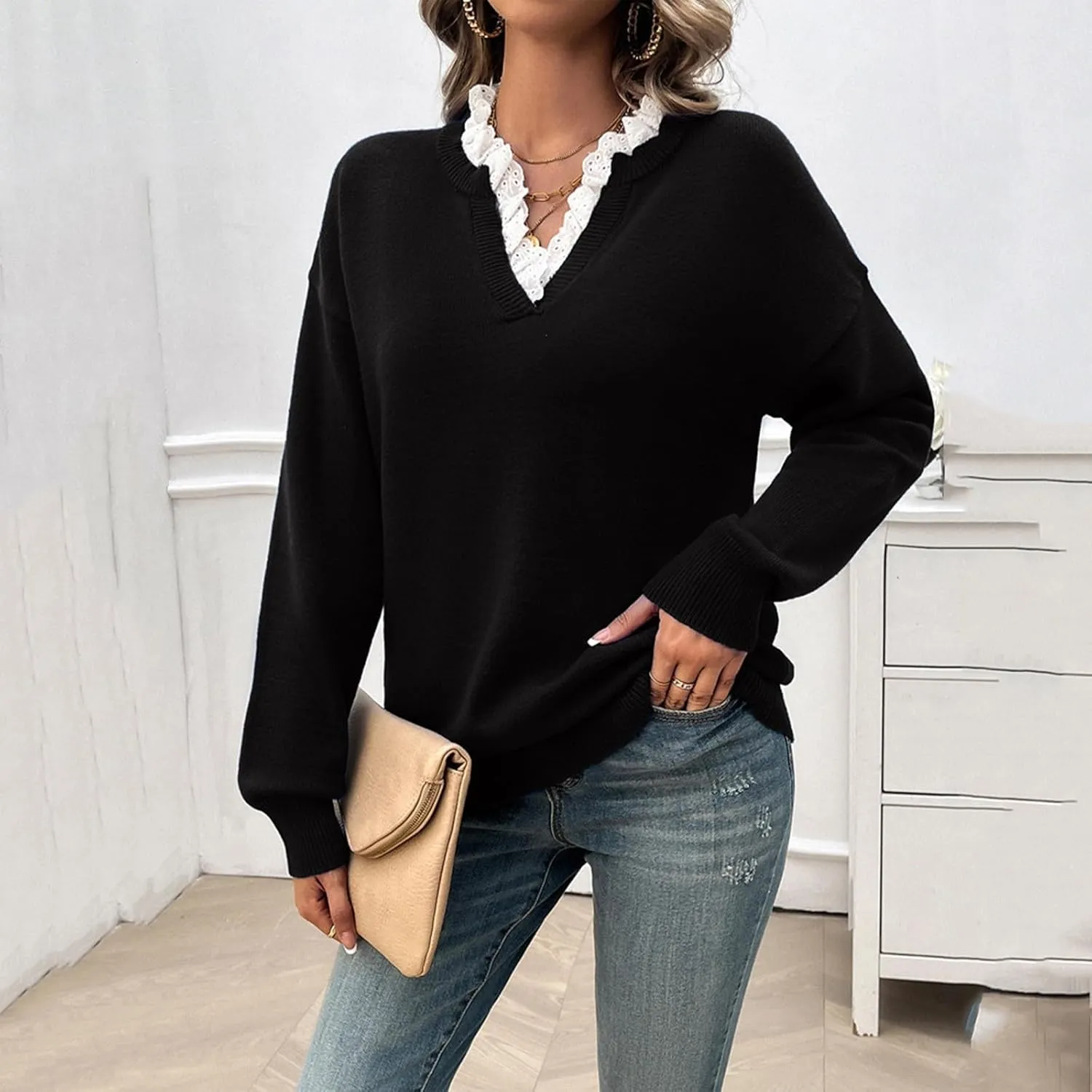 Womens Pullover Sweaters Cropped Lapel Collar V Neck Chunky Knitted Casual Slouchy Loose Jumper Tops Plus Size