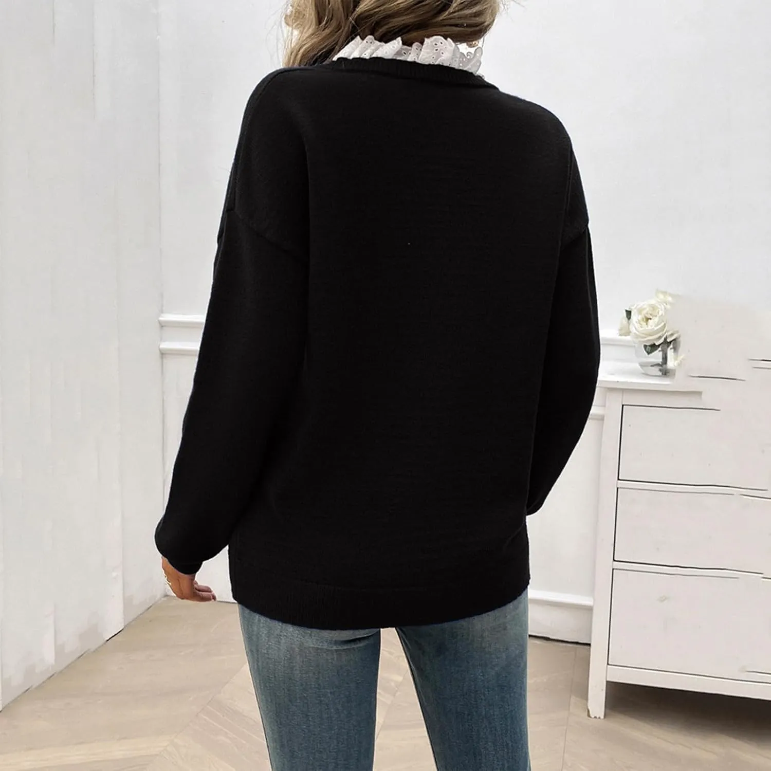Womens Pullover Sweaters Cropped Lapel Collar V Neck Chunky Knitted Casual Slouchy Loose Jumper Tops Plus Size