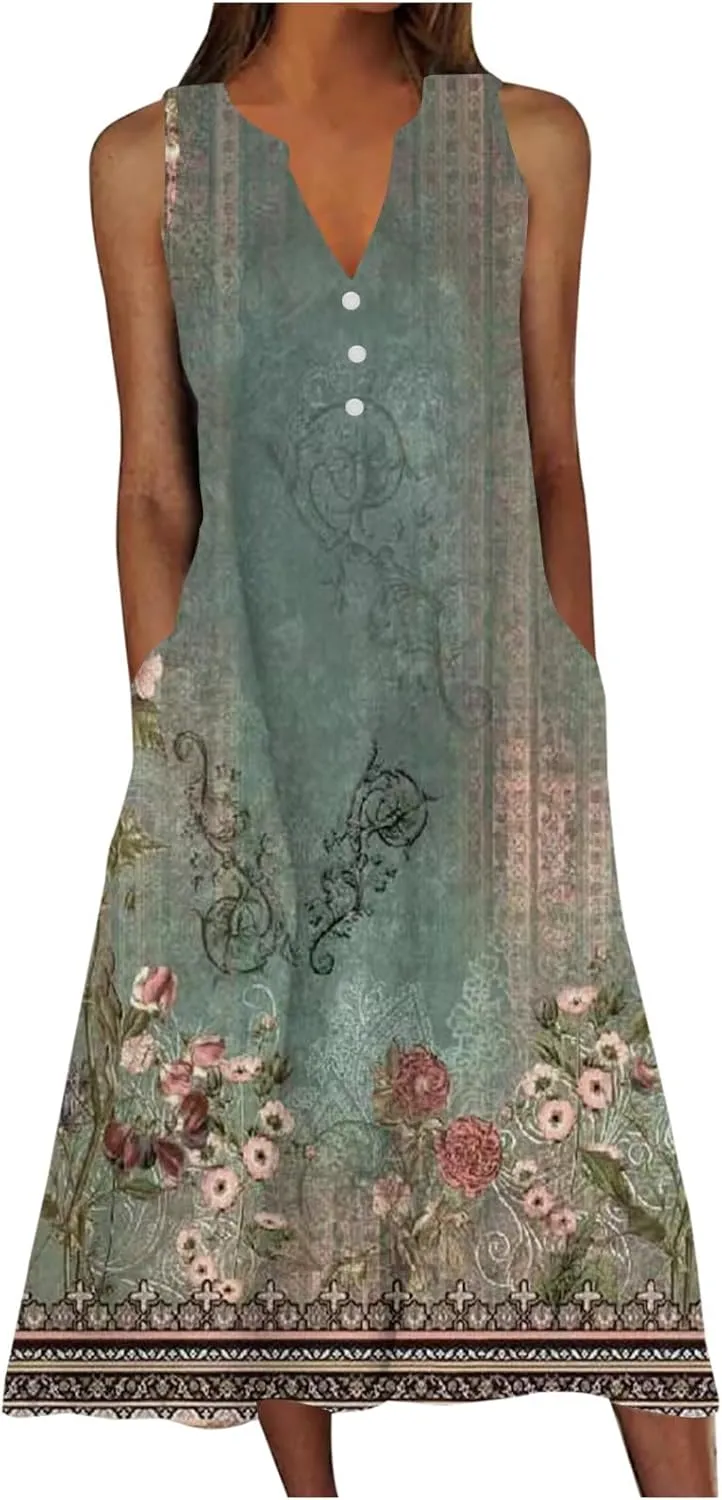 Women's Summer Dresses Sleeveless V Neck Maxi Dress Fashion Boho Floral Print Sundresses 2025 Trendy Wedding Clothes