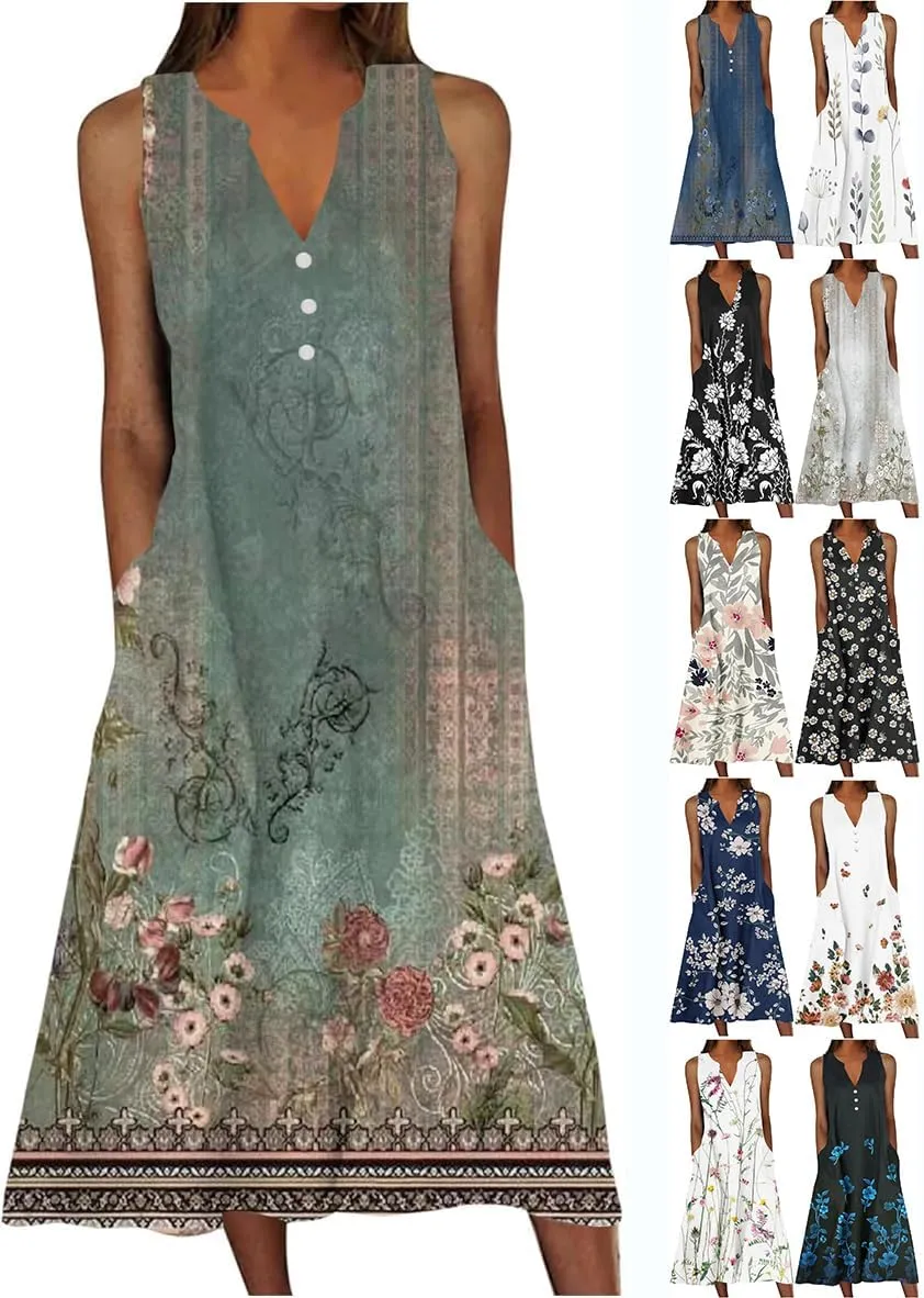 Women's Summer Dresses Sleeveless V Neck Maxi Dress Fashion Boho Floral Print Sundresses 2025 Trendy Wedding Clothes