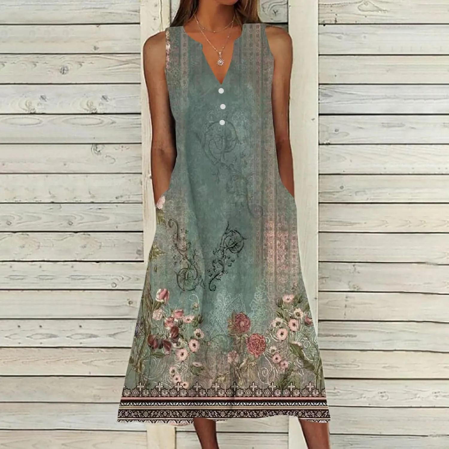 Women's Summer Dresses Sleeveless V Neck Maxi Dress Fashion Boho Floral Print Sundresses 2025 Trendy Wedding Clothes