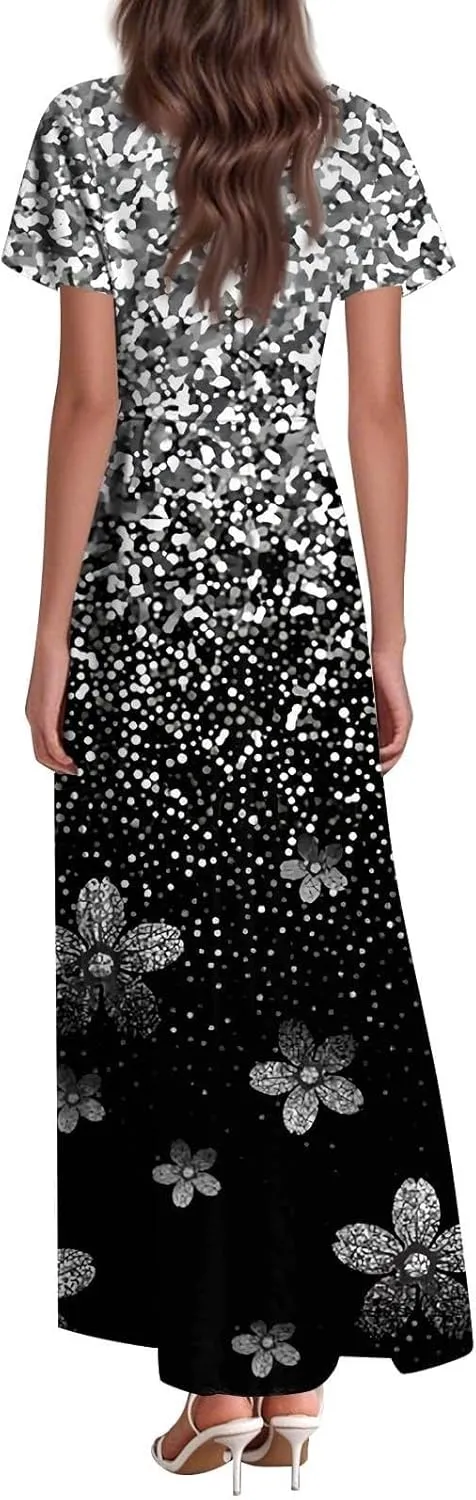 Women's Summer Long Dress Short Sleeve V-Neck Boho Floral Printed Flowy Swing Sundress Wedding Guest Loose Dresses