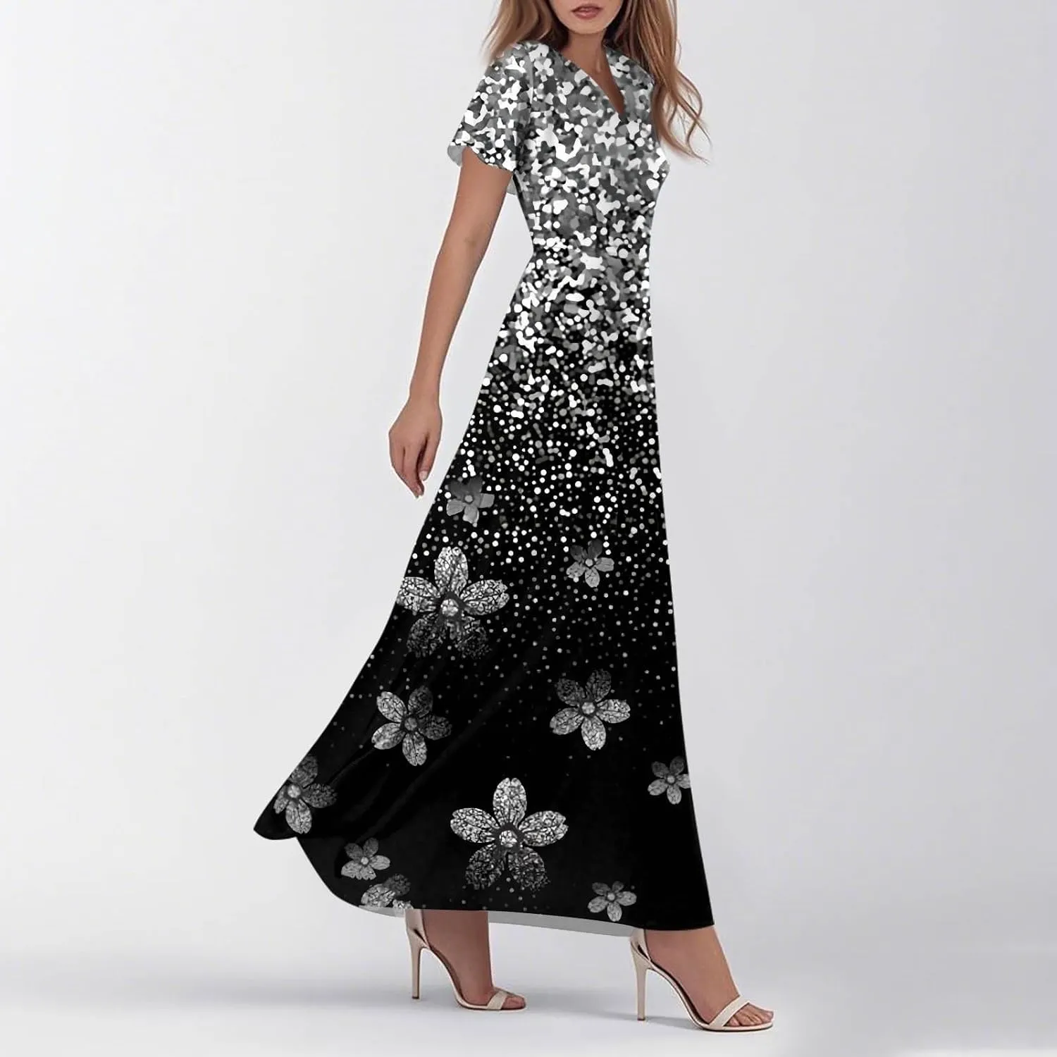 Women's Summer Long Dress Short Sleeve V-Neck Boho Floral Printed Flowy Swing Sundress Wedding Guest Loose Dresses
