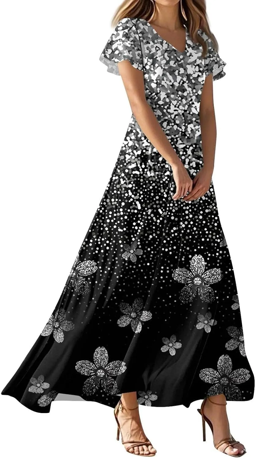 Women's Summer Long Dress Short Sleeve V-Neck Boho Floral Printed Flowy Swing Sundress Wedding Guest Loose Dresses