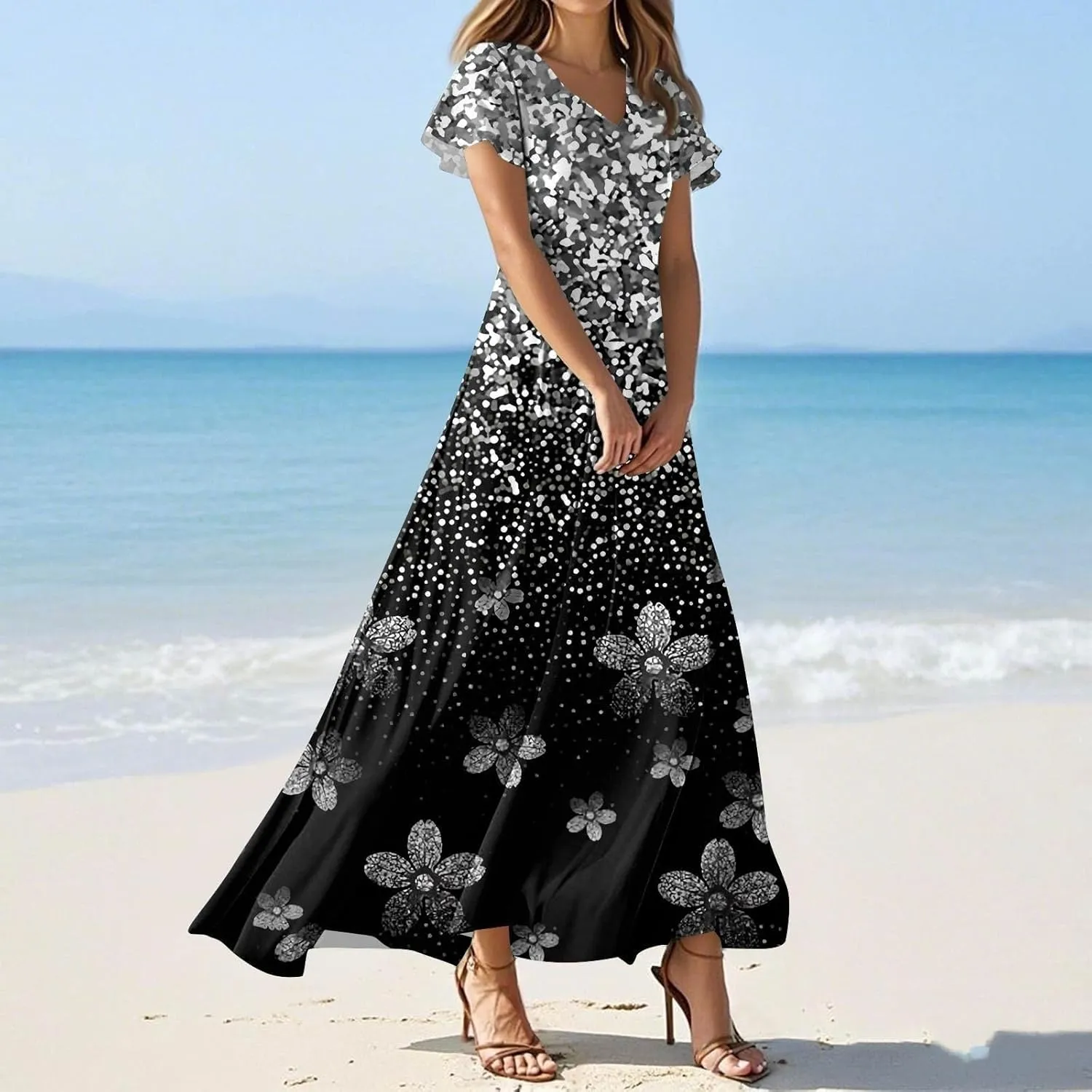 Women's Summer Long Dress Short Sleeve V-Neck Boho Floral Printed Flowy Swing Sundress Wedding Guest Loose Dresses