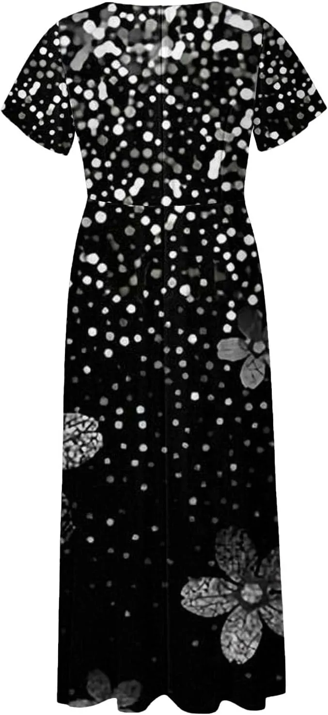 Women's Summer Long Dress Short Sleeve V-Neck Boho Floral Printed Flowy Swing Sundress Wedding Guest Loose Dresses