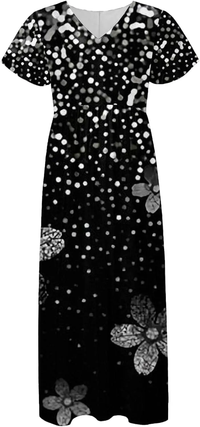 Women's Summer Long Dress Short Sleeve V-Neck Boho Floral Printed Flowy Swing Sundress Wedding Guest Loose Dresses