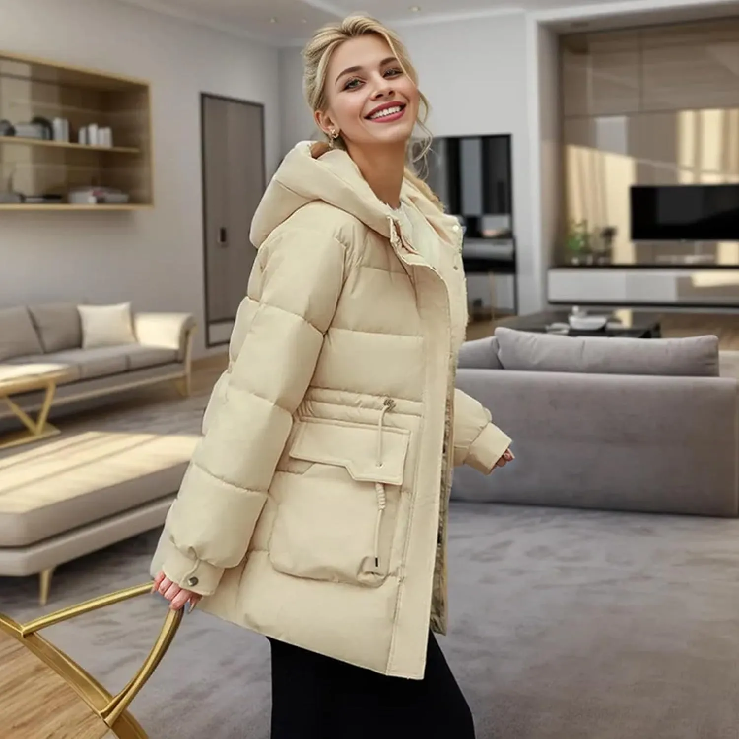 Women's Thickened Down Jacket Winter Hooded Mid-Length Puffy Packable Jacket Warm Puffer Down Coat Christmas Gifts