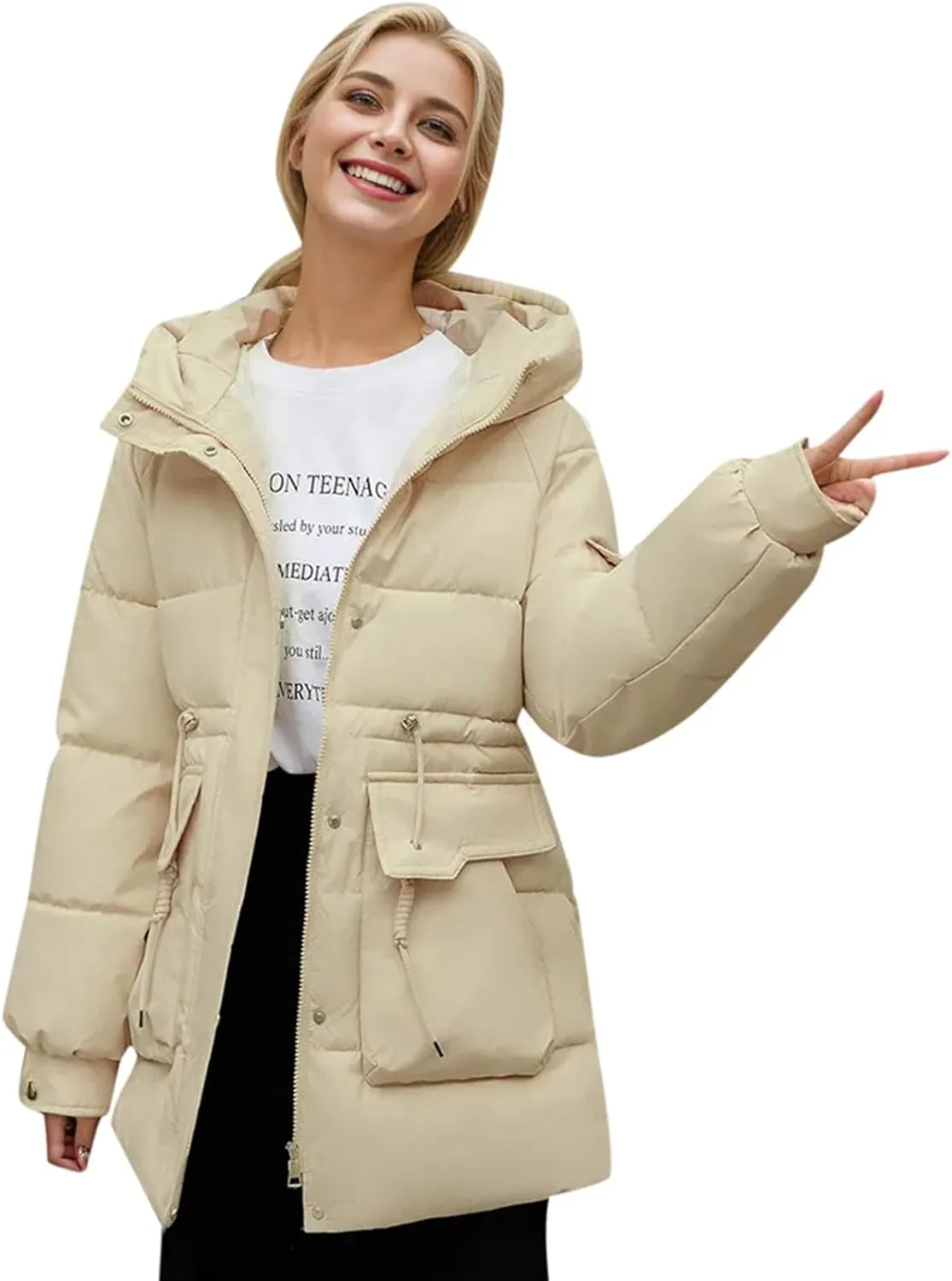 Women's Thickened Down Jacket Winter Hooded Mid-Length Puffy Packable Jacket Warm Puffer Down Coat Christmas Gifts