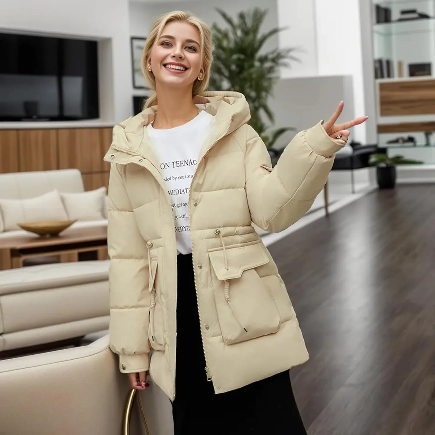 Women's Thickened Down Jacket Winter Hooded Mid-Length Puffy Packable Jacket Warm Puffer Down Coat Christmas Gifts